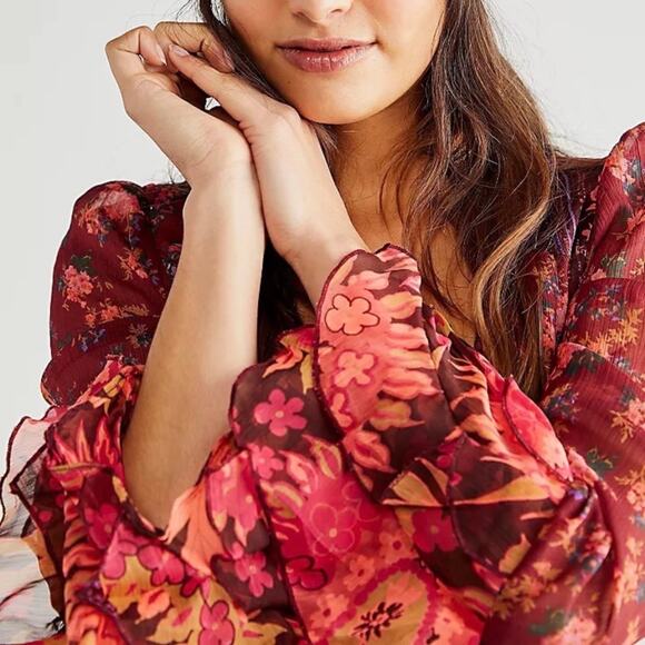 Free People Magic Hour Sheer Floral Wrap Tunic Top Red Pink Combo Size XS - Picture 3 of 10